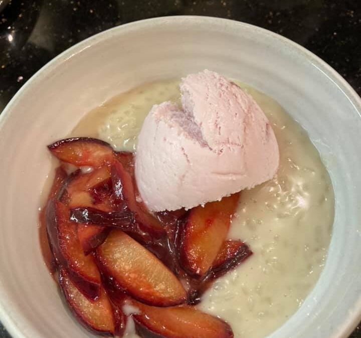 Coconut Rice Pudding with Honey Plums